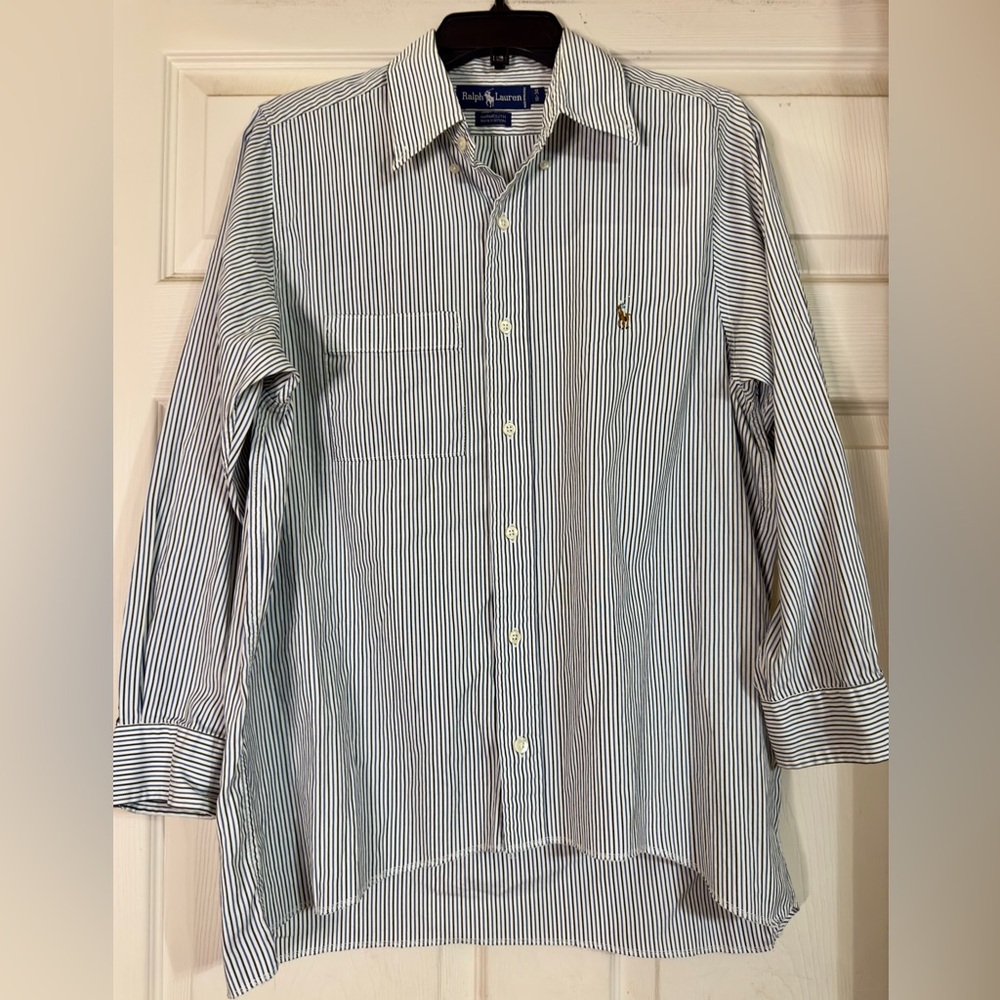 EUC RALPH LAUREN Yarmouth Cotton Shirt Adult 16- 34 Blue Striped Long Sleeve Men